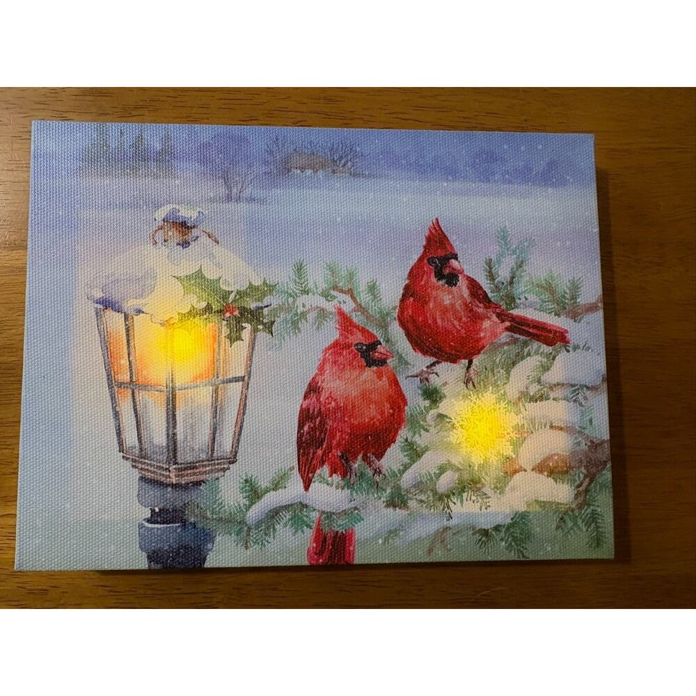 Lighted Cardinal Canvas Sign Winter Christmas Scene Country Lamppost Wall Decor